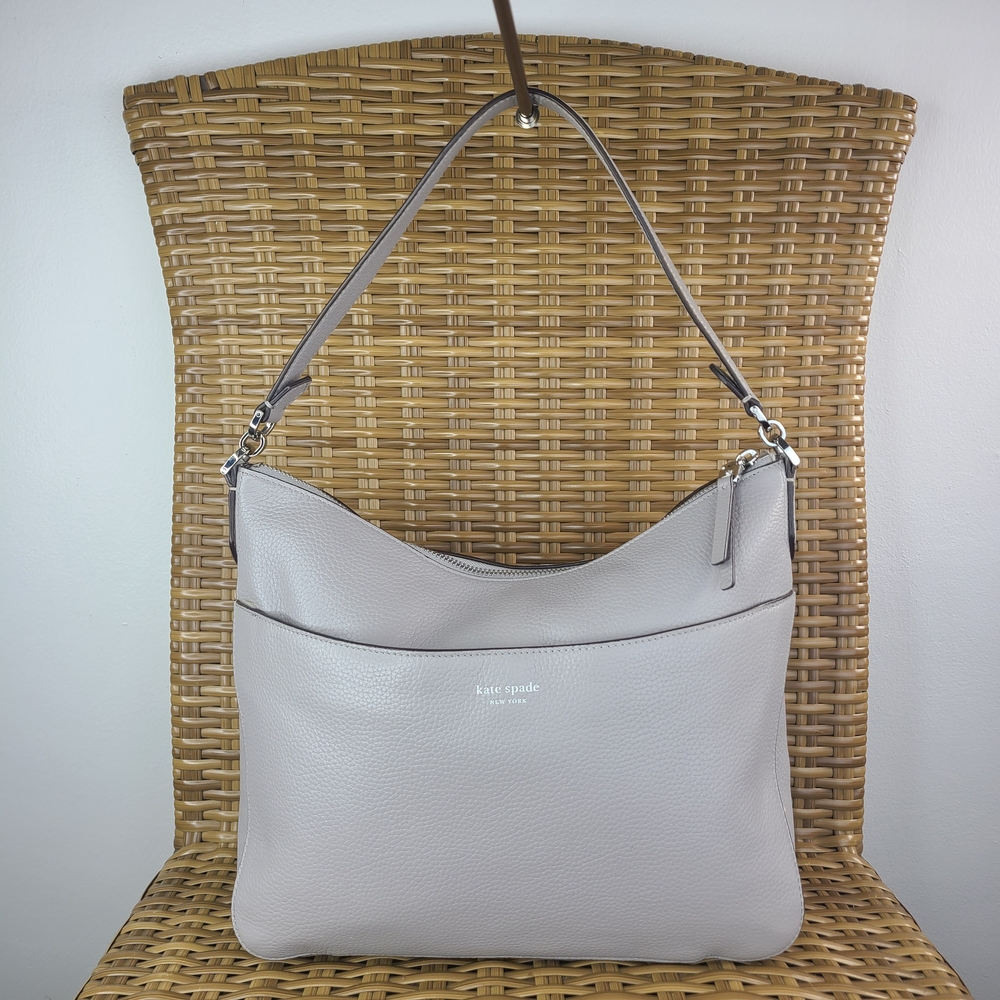 Kate Spade Polly Gray Pebbled Leather Hobo Shoulder Bag Purse Signature Spade